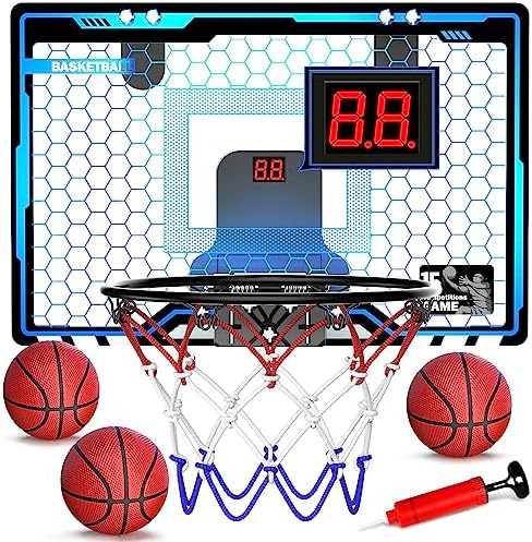 HopeRock Indoor Mini Basketball Hoop for Kids, Basketball Hoops Over The Door with LED Lighting, Mini Hoop with Scoreboard & 3 Balls, Basketball Toys Gifts for 5 6 7 8 9 10 11 12 Year Old Boys Girls