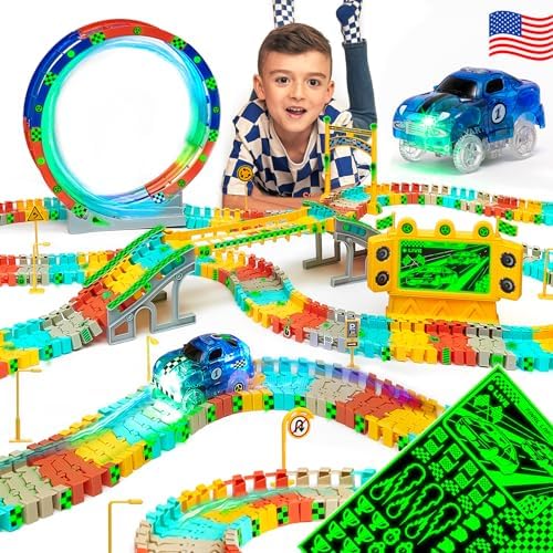 JITTERYGIT Race Track Glow in The Dark Magic Toy Set, Kids Light Up Flexible Car Tracks – Best Birthday Gift for Boys Girls and Toddlers 3 4 5 6 7 8 Year Old