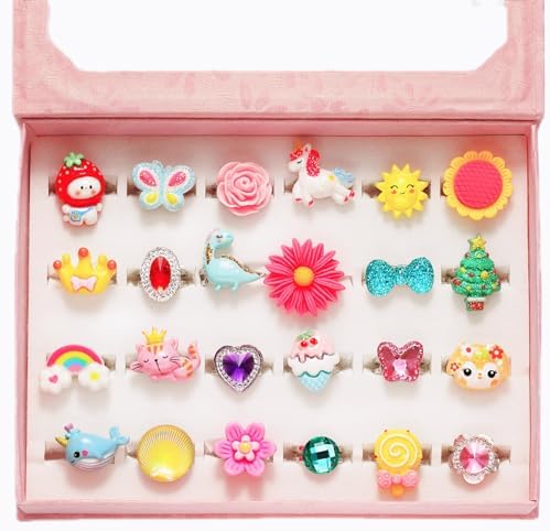 PinkSheep Little Girl Jewel Rings in Box, Adjustable, No Duplication, Girl Pretend Play and Dress Up Rings (24 Lovely Ring)