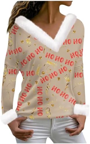 Women’s Christmas Sweatshirts T Shirt Tee Shirt Long Sleeve Party Print Fleece Collar V Neck Top, S-3XL