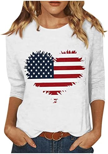 Ladies 3/4 Sleeve Tshirt Loose Independence Day Print Comfy Tops Round Neck Slim Blouse Trendy Plus Size Tunic 2024 Tee