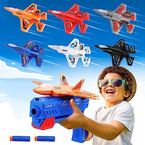 chengchuang 6 Pack Airplane Launcher Toy, F-35 Foam Airplanes for Kids with 6 Pcs Stickers, 2 in 1 Foam Glider Planes for Kids 4 5 6 7 8 9 10 12 Year Old