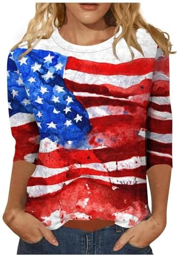 4Th of July Tops for Women 2024, American Flag Striped Print Patriotic T-Shirt 3/4 Length Sleeve Crewneck Casual Loose Tunic