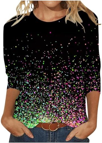 Plus Size Tops for Women Dressy Shiny 3/4 Sleeve Crewneck Shirt Summer Star Glitter Print Graphic Tee Sparkly Blouses