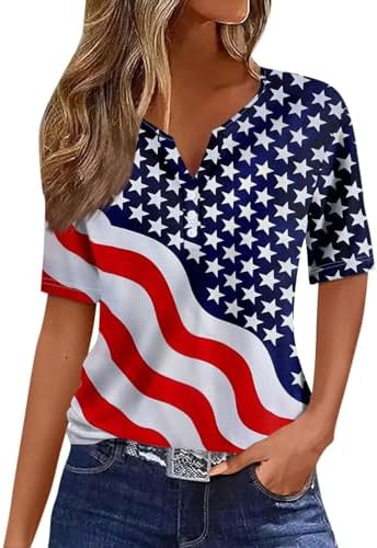 Summer Tops for Women 2024 Henley Neck Button Shirts Dressy Short Sleeve V-Neck Geometry Printed Office Work Blouses