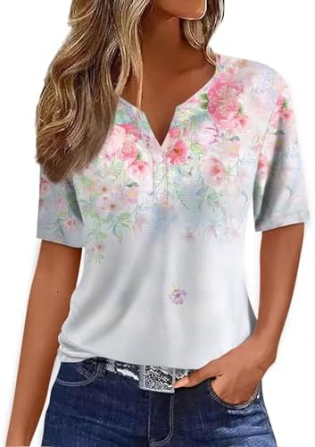 Women’s Tops and Blouses Summer Short Sleeve V-neck Button Henley Shirts Trendy Gradient Floral Printed Going Out Tops