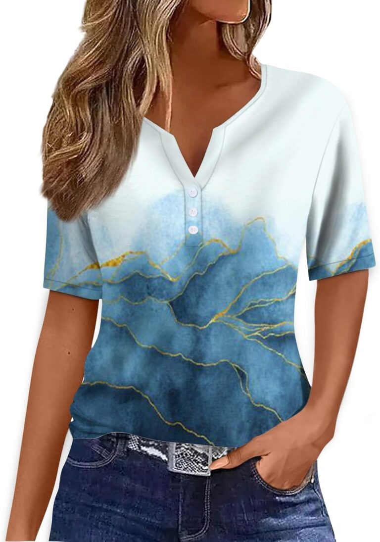 Summer Tops for Women 2024 Trendy Short Sleeve Henley Neck Button Shirts Dressy V-neck Printed Going Out Blouses