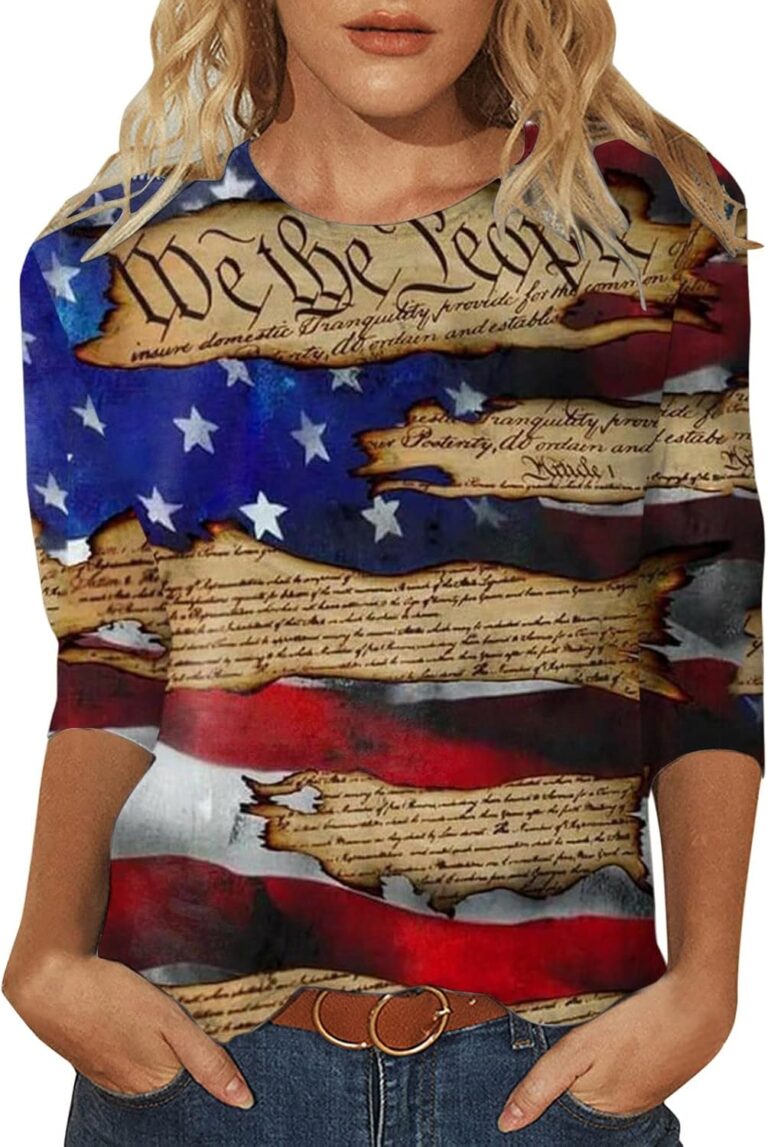 Women’s Fashionable 4th of July Patriotic Shirts, 3/4 Sleeve American Independence Day Graphic Casual Tops