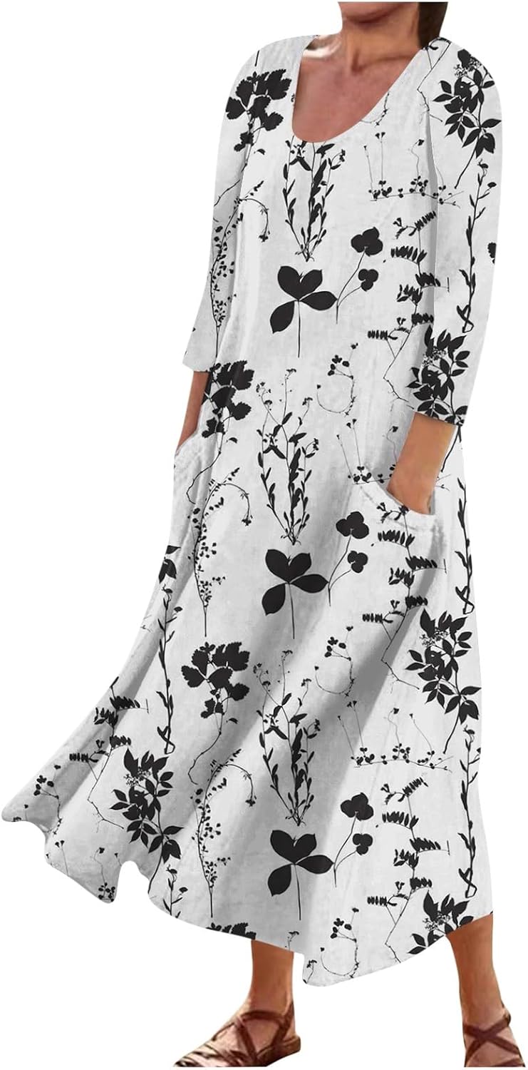 Summer Boho Print Dress for Women 2024 Fall Flowy Maxi Dress 3/4 Length Sleeve Crewneck Casual Loose Fit Dresses