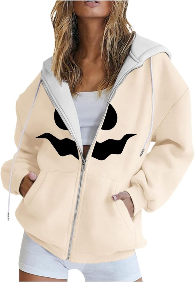 Womens Hoodies Zip Up Drawstring Oversized Jackets Halloween Long Sleeve Y2k Coat Loose Sweatshirts with Pocket