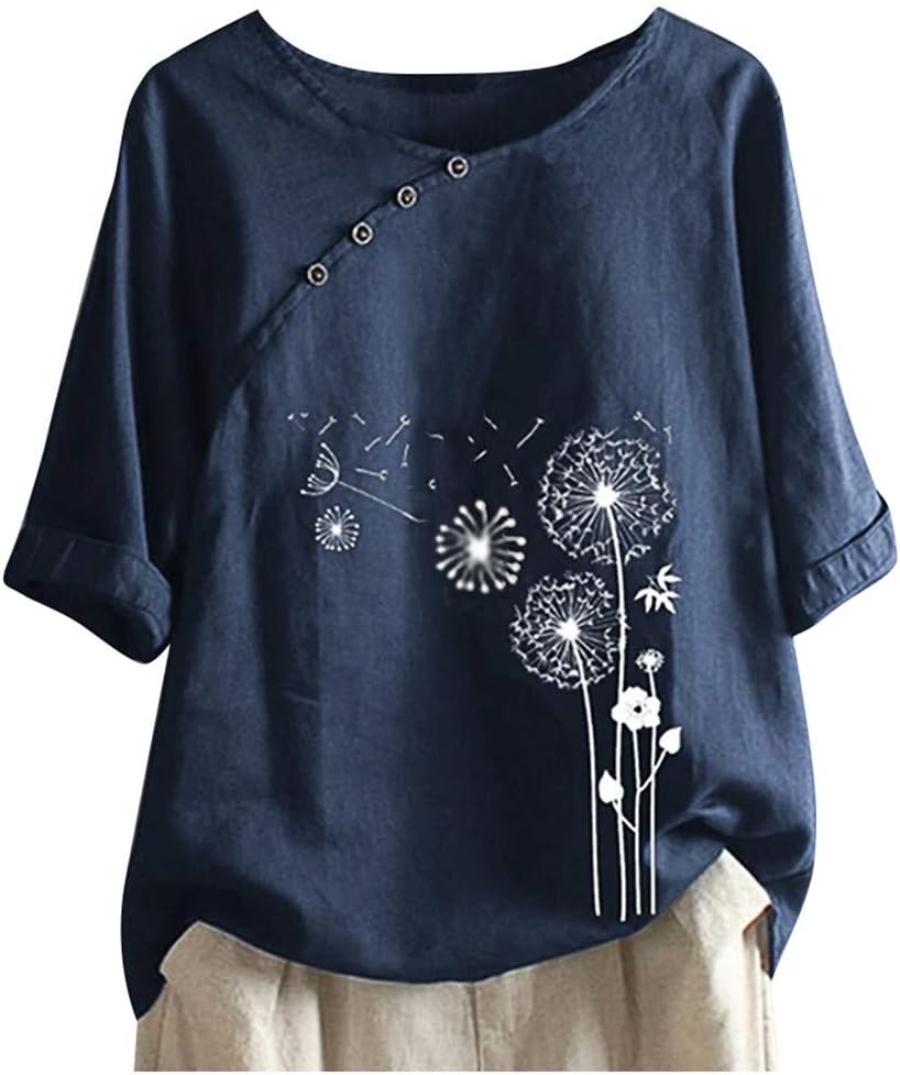 Summer Linen Tops for Women Trendy Short Sleeve Casual Floral Print Crewneck Blouses Plus Size Loose Fit Comfy Tshirts