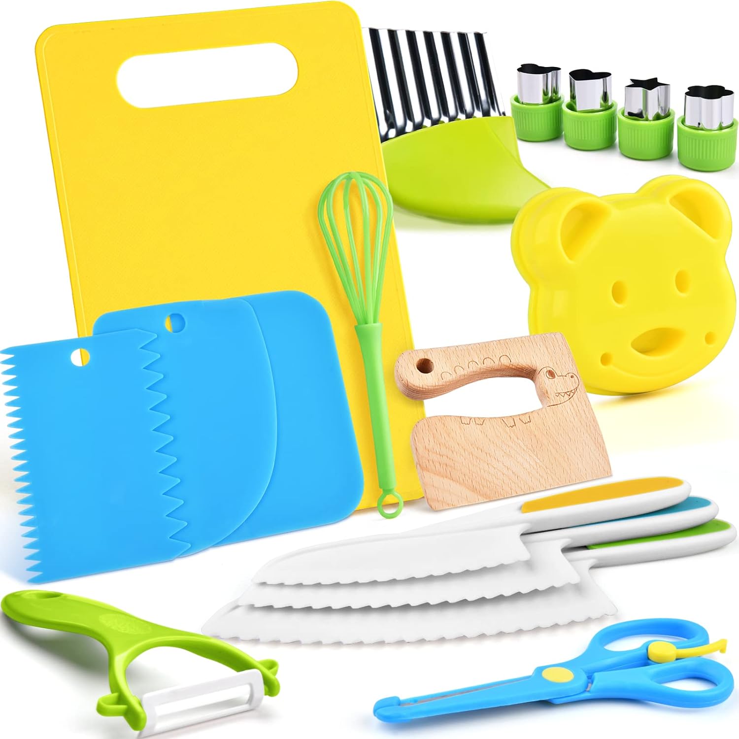 17PCS Kids Cooking sets Real Cooking Montessori Kitchen Tools for Toddlers Kids Safe Knives for 2/3/4/5/6/7/8 Year Old