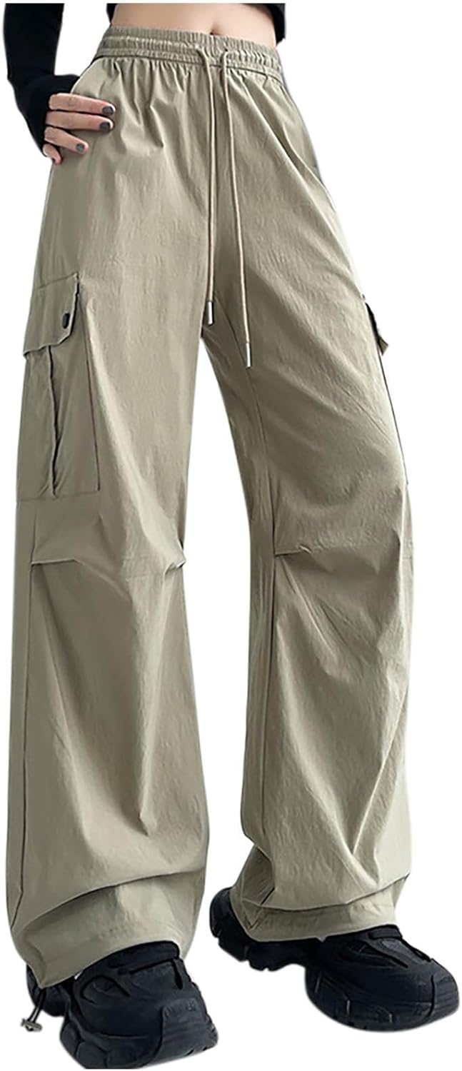 Palazzo Cargo Pants for Women Casual Tall Work Ties Solid Elastic Waist Draswstring Pants Pleated Knee Wide Leg Pants