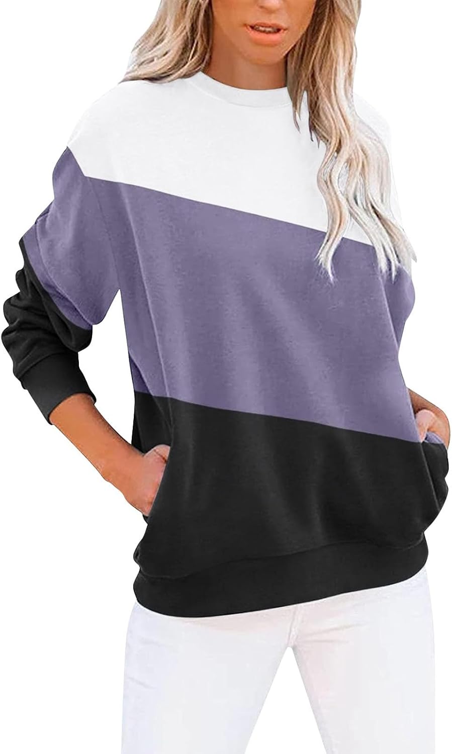 Women’s Sweatshirts Casual Long Sleeve Color Block/Solid Tops Crewneck Cute Loose Fit Pullover with Pockets