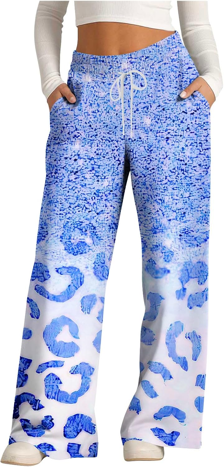 Leopard Pants Women Wide Leg Tie Dye Casual Elastic Waist Pants Sweatpants Sports Loose Trendy Joggers Pants Pockets