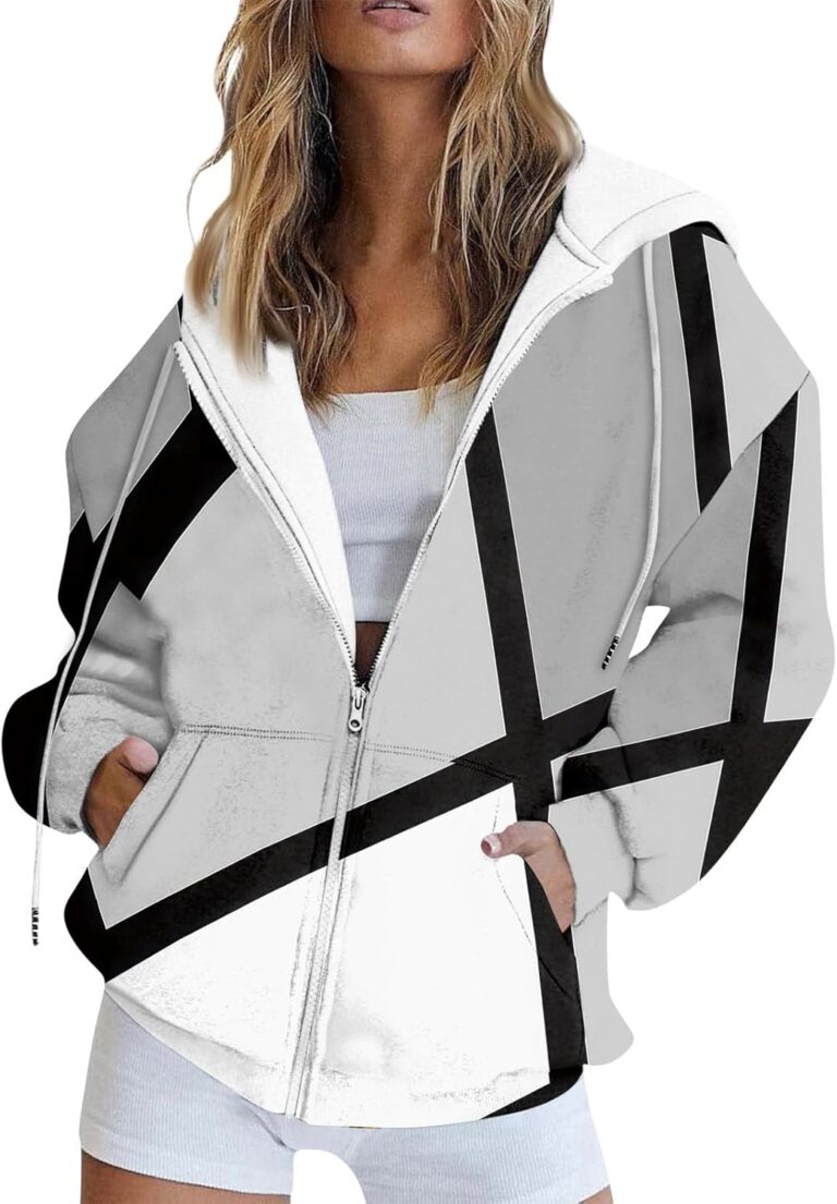 Zip Up Hoodie for Womens 2024 Trendy Print Long Sleeve Coat Oversized Drawstring Jacket Casual Loose Hooded Sweatshirts