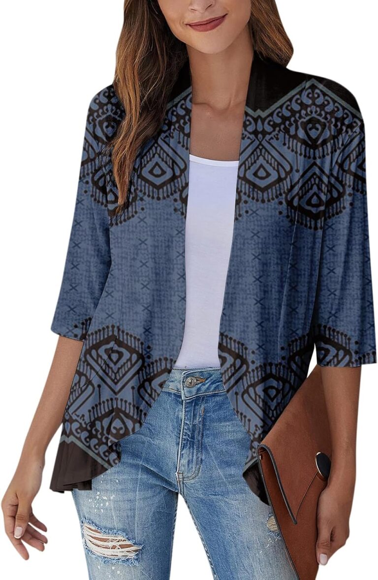 Women Cardigan 3/4 Sleeves Open Front Lightweight Cardigan Draped Ruffles Knit Cardigan